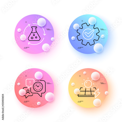 Cogwheel, Time management and Chemistry experiment minimal line icons. 3d spheres or balls buttons. Solar panels icons. For web, application, printing. Vector