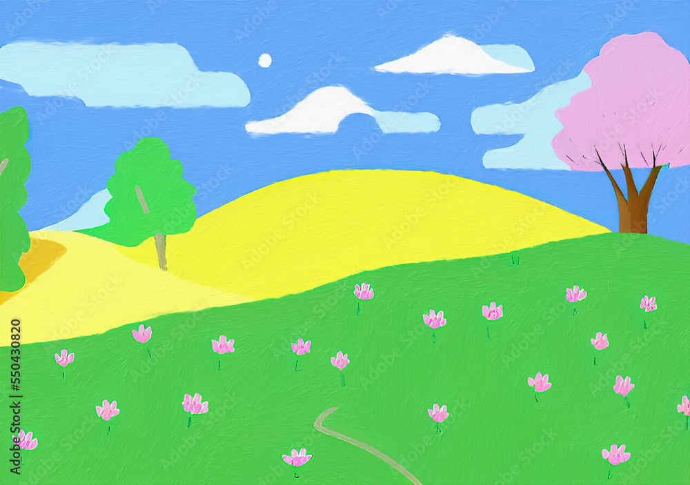 Digital painting illustration of spring or summer beautiful landscape. Rural motifs, ecology, nature.