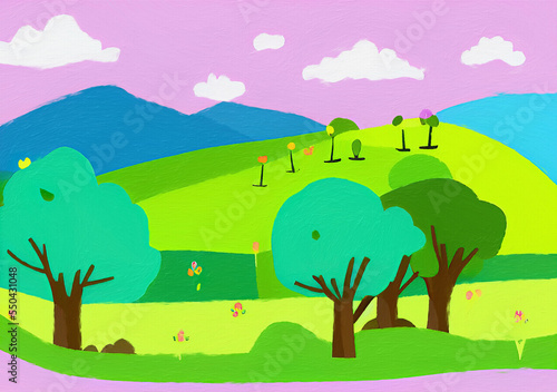 Digital painting illustration of spring or summer beautiful landscape. Rural motifs  ecology  nature.