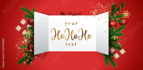 Advent Calendar Doors opening with snowflakes and glitter. Vector illustration. Christmas advent calendar doors open to reveal a festive message with gold details. Vector illustration