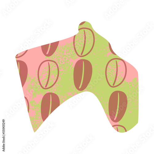Bright flat shape with coffee bean print. Grainy texture. Hand-drawn element design.