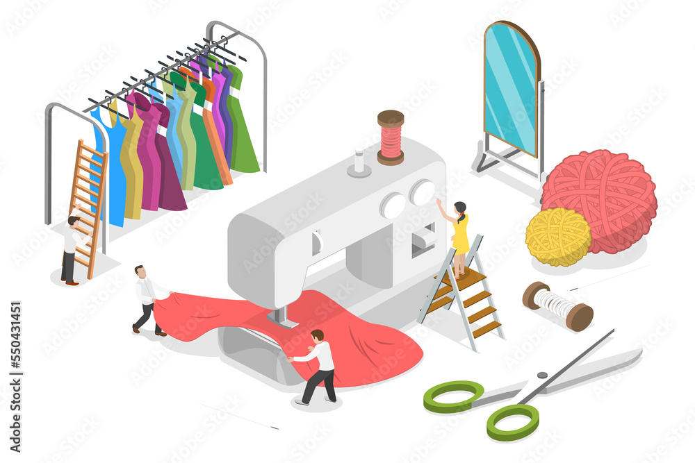 3D Isometric Flat  Conceptual Illustration of Tailor Textile Craft Business