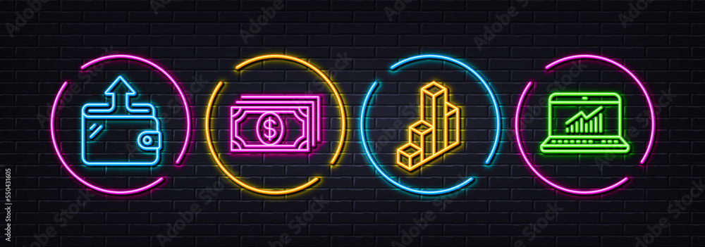 Wallet, Payment and 3d chart minimal line icons. Neon laser 3d lights. Online statistics icons. For web, application, printing. Send money, Finance, Presentation column. Computer data. Vector