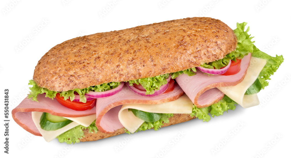 Fresh multi-grain turkey,chicken sub on white background Fresh multi-grain turkey,chicken sub on white background