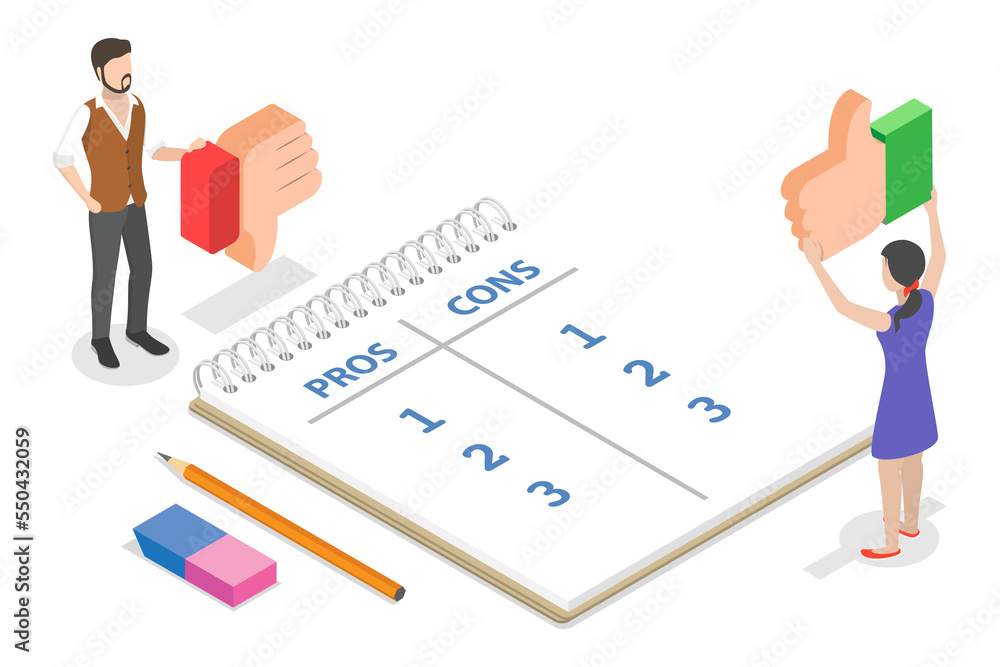 3D Isometric Flat Conceptual Illustration of Pros And Cons 3D Isometric Flat Conceptual Illustration of Pros And Cons
