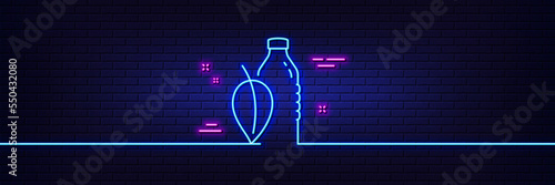 Neon light glow effect. Water bottle line icon. Soda aqua drink sign. Mint leaf symbol. 3d line neon glow icon. Brick wall banner. Water bottle outline. Vector