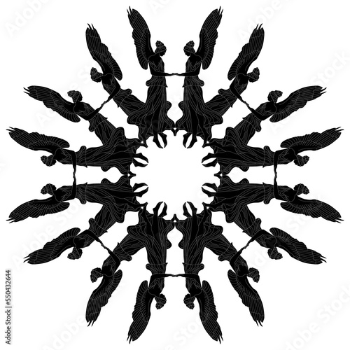 Round frame or mandala with winged antique goddesses or angels. Black and white negative silhouette.