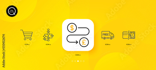 Money transfer, Payment methods and Block diagram minimal line icons. Yellow abstract background. Free delivery, Market sale icons. For web, application, printing. Vector