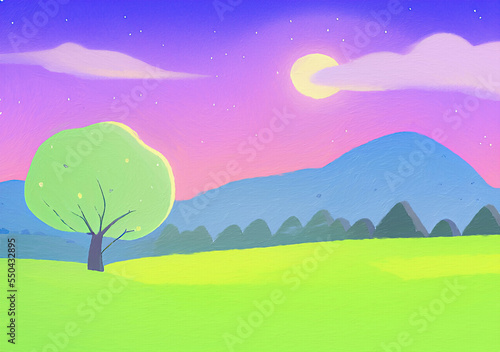 Digital painting illustration of spring or summer beautiful landscape. Rural motifs  ecology  nature.