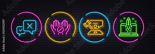 Reject, Medical tablet and Judge hammer minimal line icons. Neon laser 3d lights. Start business icons. For web, application, printing. Delete message, Medicine pill, Judgement. Launch idea. Vector