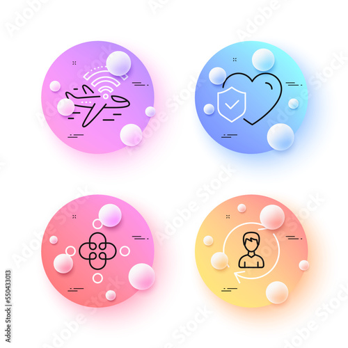 Airplane wifi, Life insurance and Inclusion minimal line icons. 3d spheres or balls buttons. Human resources icons. For web, application, printing. Vector