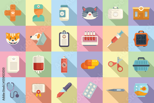 Veterinary clinic icons set flat vector. Pet dog. Puppy animal
