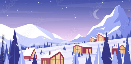 Winter mountain night landscape. Vector illustration of ski resort with snowy hill, slope, hotel, houses. Outdoor holiday activity in Alps. Wintertime. Skiing and snowboarding. Active vacation weekend