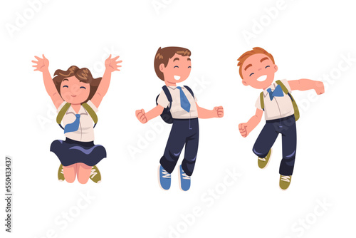 Happy Boy and Girl Pupil in Uniform with Tie and Backpack Jumping with Joy Excited About Back to School Vector Set