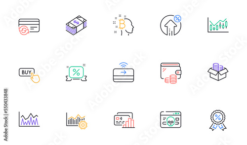 Usd currency, Buy button and Change card line icons for website, printing. Collection of Loan percent, Investment, Wallet icons. Financial diagram, Discounts ribbon, Money box web elements. Vector
