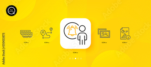 Ram, Journey and User notification minimal line icons. Yellow abstract background. Photo album, Report icons. For web, application, printing. Vector