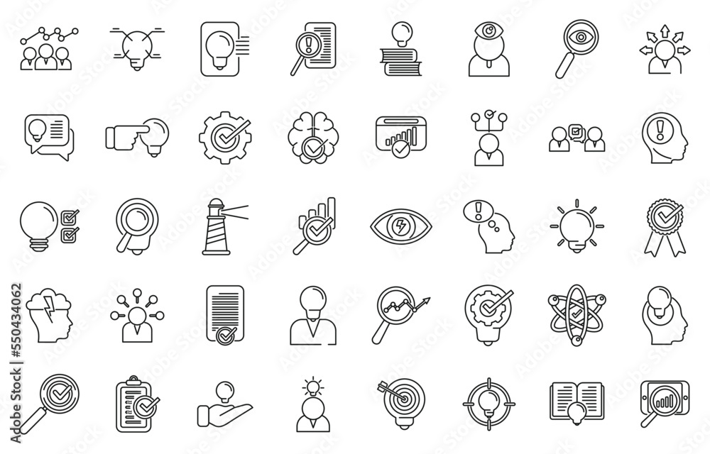 Insight icons set outline vector. Problem generation. Brainstorm mind Insight icons set outline vector. Problem generation. Brainstorm mind