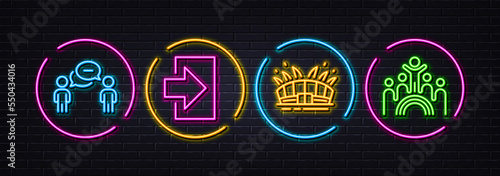 Arena stadium, Consulting business and Login minimal line icons. Neon laser 3d lights. Inclusion icons. For web, application, printing. Sport complex, Team meeting, Sign in. Equity rainbow. Vector