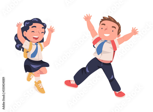 Happy Boy and Girl Pupil in Uniform with Tie and Backpack Jumping with Joy Excited About Back to School Vector Set