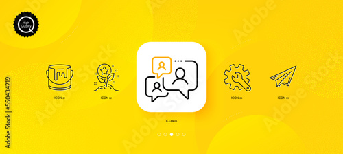 Paper plane, Support chat and Paint minimal line icons. Yellow abstract background. Customisation, Loyalty points icons. For web, application, printing. Airplane, Comment bubble, Tin of dye. Vector