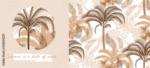 set of elements such as a print of silhouettes of tropical leaves and a pattern in monochrome colors monstera leaves for textiles and stationery and other design