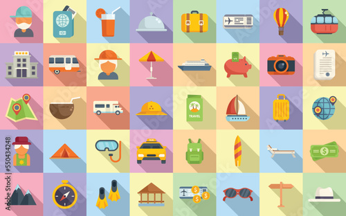 Retirement travel icons set flat vector. Insurance safety. Medical life