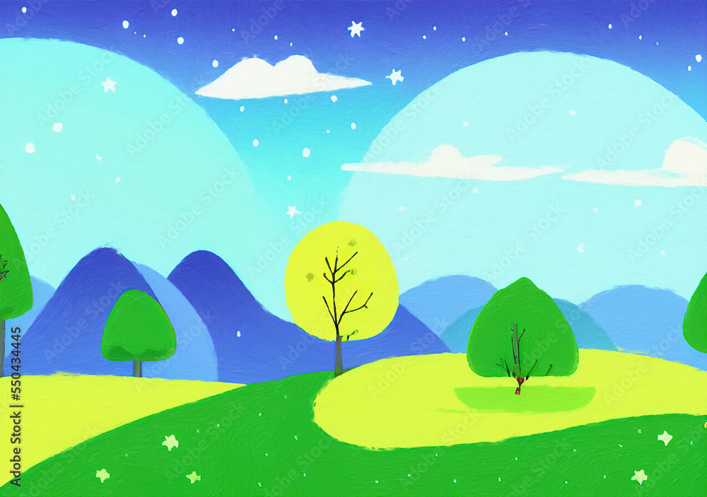 Obraz premium Digital painting illustration of spring or summer beautiful landscape. Rural motifs, ecology, nature.