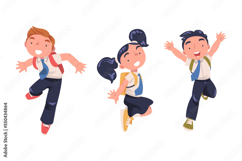 Happy Boy and Girl Pupil in Uniform with Tie and Backpack Jumping with ...