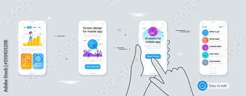 Set of Outsource work, Solar panels and Like button line icons. Phone ui interface. Include Time change, Swipe up, Approved checklist icons. Vector