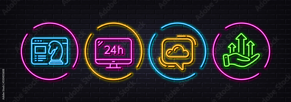 24h service, Seo strategy and Cloud communication minimal line icons. Neon laser 3d lights. Growth chart icons. For web, application, printing. Call support, Chess knight, Online message. Vector