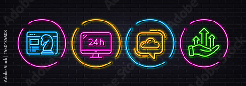 24h service, Seo strategy and Cloud communication minimal line icons. Neon laser 3d lights. Growth chart icons. For web, application, printing. Call support, Chess knight, Online message. Vector