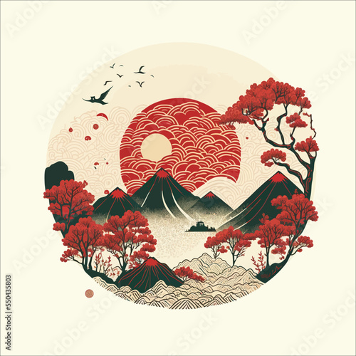 Abstract hill landscape in oriental style, mountain flat vector illustrations isolated on white background