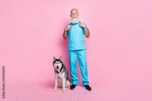Full size photo of husky sitting near specialist veterinarian wear blue uniform hands hold stethoscope isolated on pink color background © deagreez