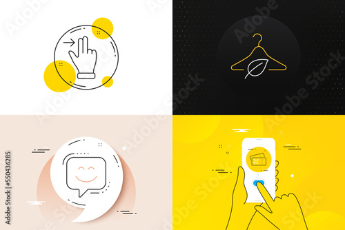 Minimal set of Touchscreen gesture, Slow fashion and Smile face line icons. Phone screen, Quote banners. Boarding pass icons. For web development. Slide right, Eco tested, Chat. Flight ticket. Vector