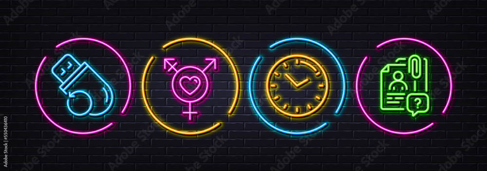 Time, Genders and Flash memory minimal line icons. Neon laser 3d lights. Search employee icons. For web, application, printing. Clock, Inclusion, Recovery usb. Questions for candidate. Vector