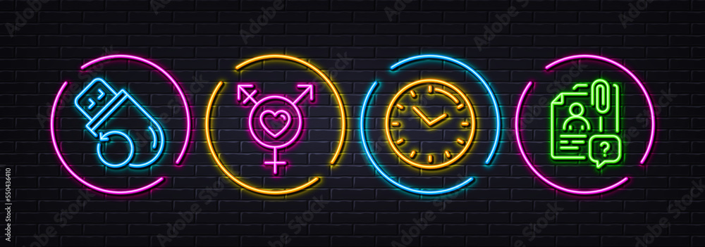 Time, Genders and Flash memory minimal line icons. Neon laser 3d lights. Search employee icons. For web, application, printing. Clock, Inclusion, Recovery usb. Questions for candidate. Vector Time, Genders and Flash memory minimal line icons. Neon laser 3d lights. Search employee icons. For web, application, printing. Clock, Inclusion, Recovery usb. Questions for candidate. Vector