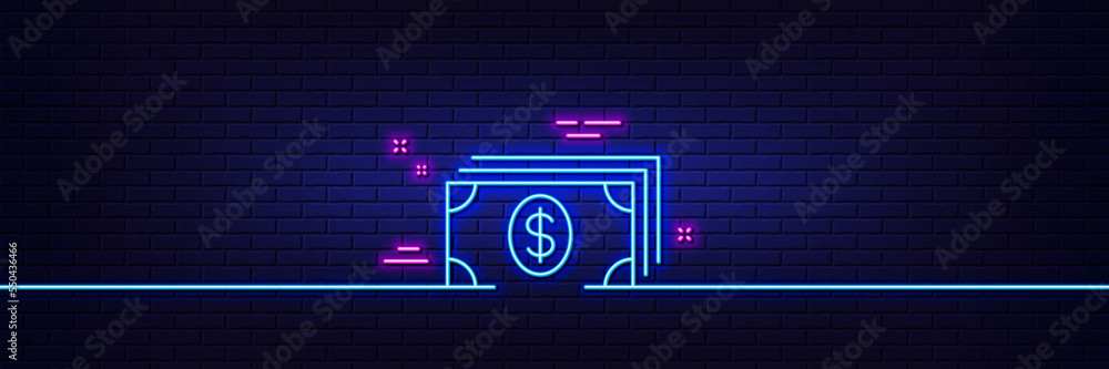 Neon light glow effect. Cash money line icon. Banking currency sign ...