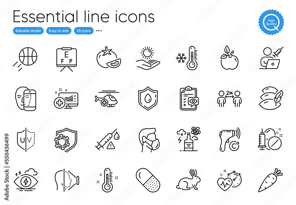 Sun protection, Coronavirus and Vaccination appointment line icons. Collection of Carrot, Medical helicopter, Blood donation icons. Alcohol addiction, Medical mask. Outline sun protection icon. Vector
