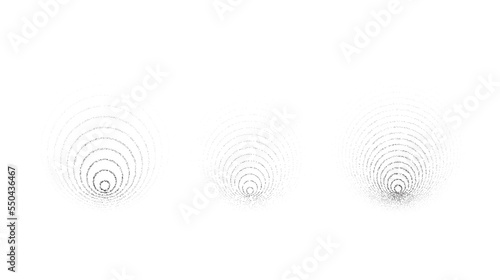 Faded rippled circles set. Dotted grain rings set. Stippled gradient epicentre, radar, target, vibration concept . Noise sound wave. Vector dot work 