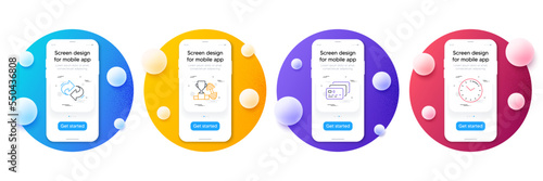 Minimal set of Refresh, Dumbbell and Card line icons for web development. Phone ui interface mockup with balls. Time icons. Rotation, Winner cup, Bank payment. Clock. Vector