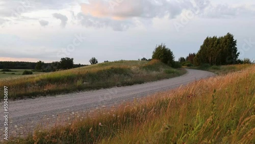Natural color video of a beautiful countryside view with a gravel road and a fabulous meadow and forest scene around.