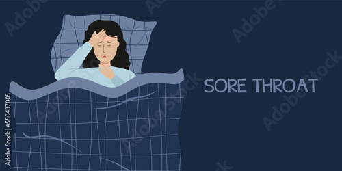 Young girl suffering from sore throat on bed. Symptom of influenza, viral infectious disease for medical diagnostics. Sick unhappy woman, in bed with hands holding throat and head. colored Flat cartoo