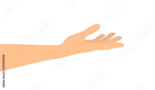Hand with palm up isolated on white background, side view. Flat vector illustration