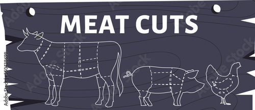 Meat food, menu chicken, pork, lamb, animal icon, retro sketch, silhouette brute, design, cartoon style vector illustration.