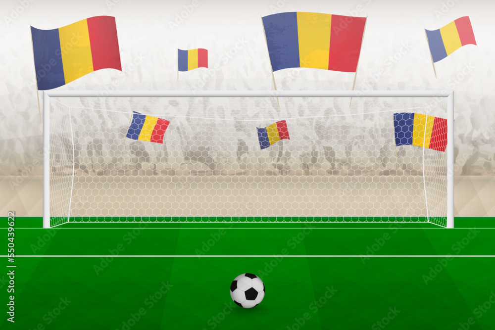 Romania football team fans with flags of Romania cheering on stadium