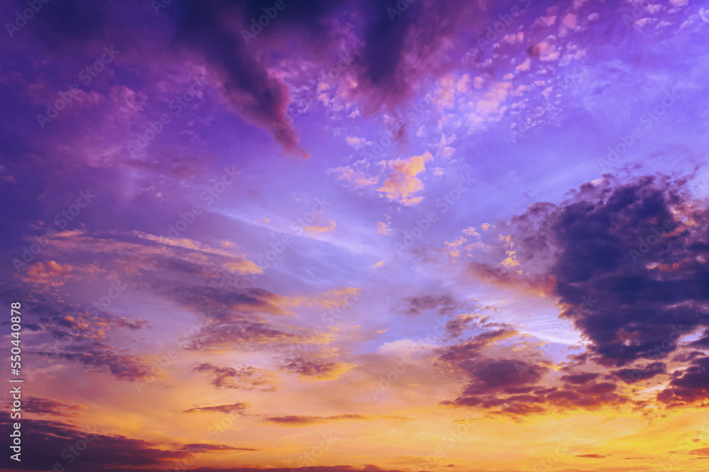 Amazing Color Effect Of Cloud. Natural Bright Dramatic Sky Background. Soft Colors. Sunrise Sky Natural Background. Fantasy Clouds. Gently Blue, Yellow, Orange, Pink, Red Colors.