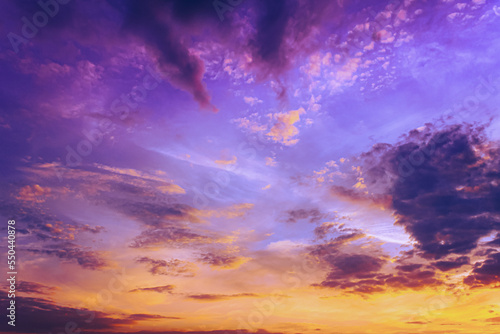 Amazing Color Effect Of Cloud. Natural Bright Dramatic Sky Background. Soft Colors. Sunrise Sky Natural Background. Fantasy Clouds. Gently Blue, Yellow, Orange, Pink, Red Colors.