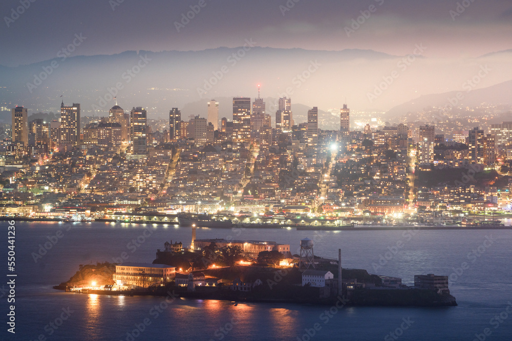 Alcatraz and San Francisco by night. Angel Island State Park, California. Alcatraz and San Francisco by night. Angel Island State Park, California.