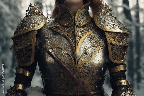 Majestic female armor in a snowy forest.