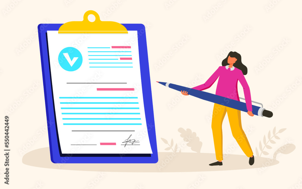 Document signature women hold pen concept illustration 10 eps Document signature women hold pen concept illustration 10 eps